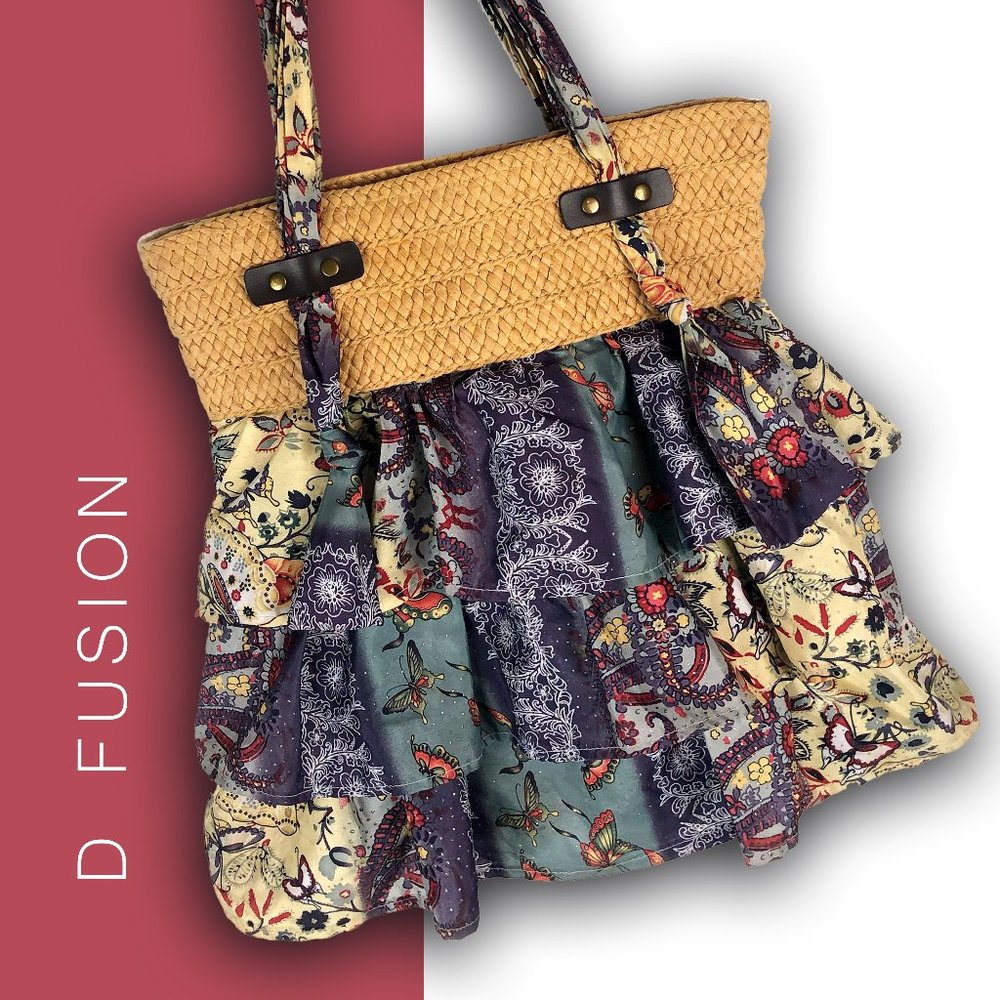 Unique floral tropical purse Ruffled fabric, straw weave top edge, shoulder bag